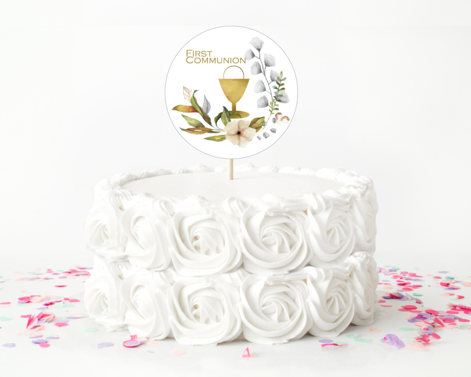 image of a white cake with a first communion cake topper